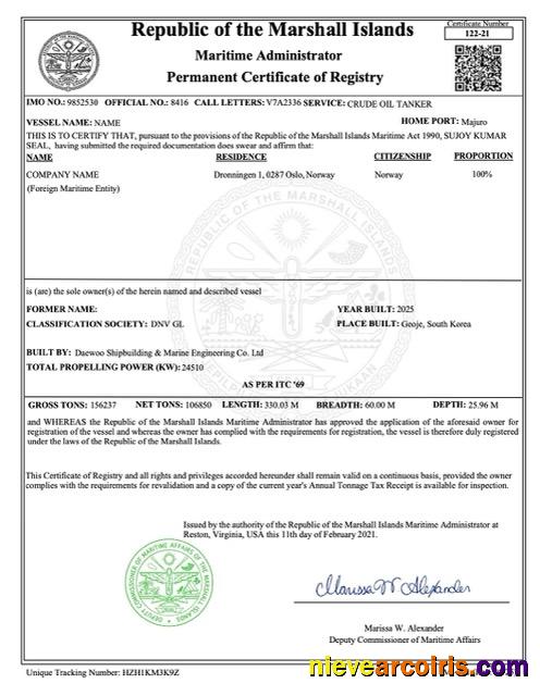 Marshall Islands permanent certificate of registry
